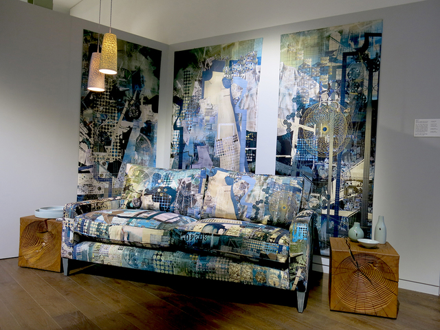 "Travelogue Collage" Two-seater sofa and wall hanging installation at Contemporary Applied Arts