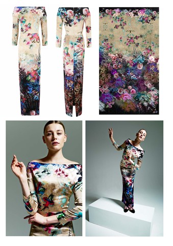 Dress (Stretch satin; digital 'Roses and carp wallpaper' print)
