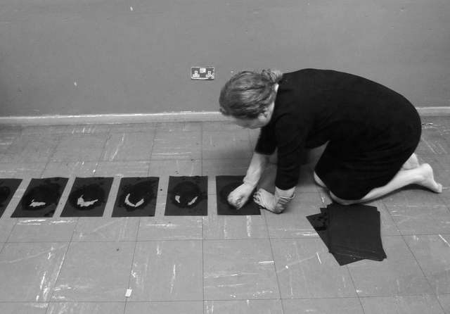 Fig7. Birgitta Hosea, Rosary Drawing XII, live performance: water, scouring pads, black paper, rosary beads; 51% Remember Her exhibition, Tower Gallery, London, 2017