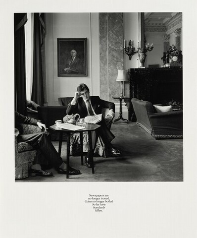 Newspapers are no longer ironed, Coins no longer boiled So far have Standards Fallen., 1981–1983, printed 2015, gelatin silver print, Alfred H. Moses and Fern M. Schad Fund, 2019.79.4 - Karen Knorr