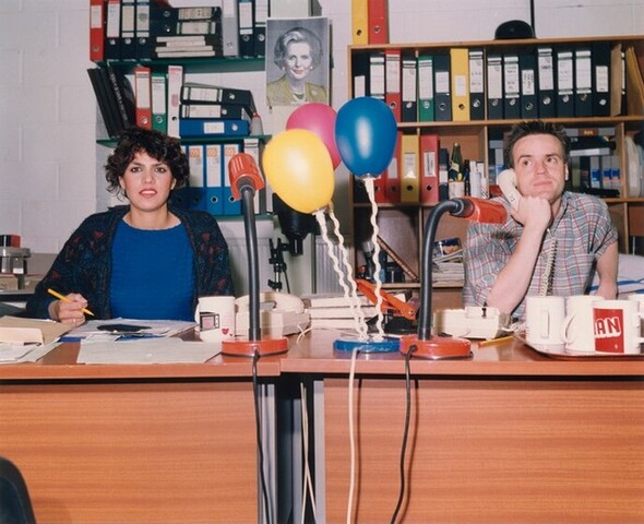 Independent Video Production Company, Equipment Department. Docklands Enterprise Zone. Hire Manager (left), Account Manager (right), 1988, chromogenic print, Alfred H. Moses and Fern M. Schad Fund, 2019.69.4 - Anna Fox