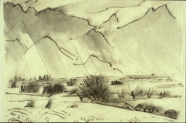 Watercolour sketch of a Japanese landscape by Bernard Leach.