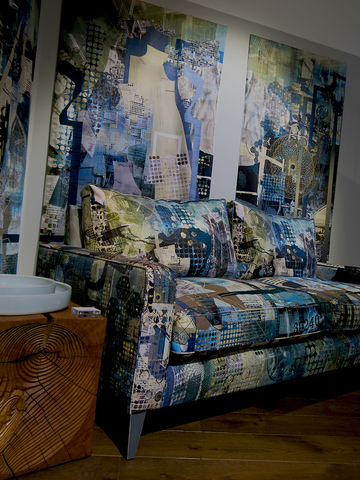 "Travelogue Collage" Two-seater sofa and wall hanging installation at Contemporary Applied Arts