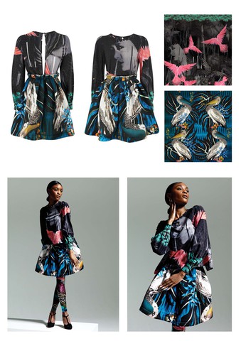 Blouse, 2015 (Silk; digital 'Actress Ann-May Wong' print); Short sports skirt, 2015 (Neoprene; digital 'Mr & Mrs Pelican' print)