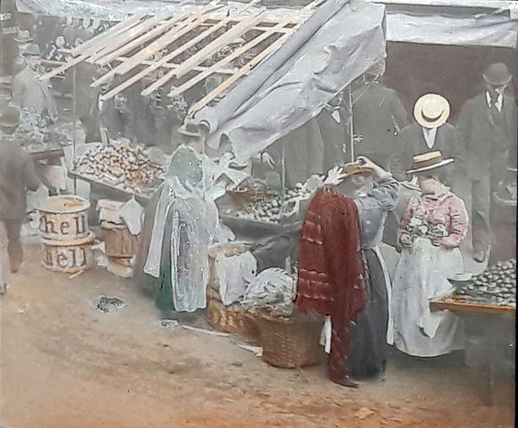 London street market, c.1900, lantern slide