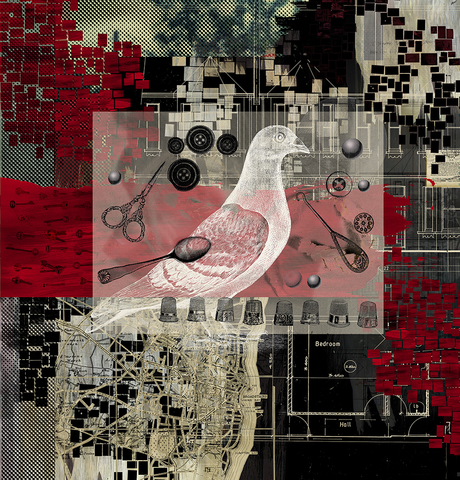 "Chasing the Birds Away", printed cotton fabric 90 x 90 cm textile artwork